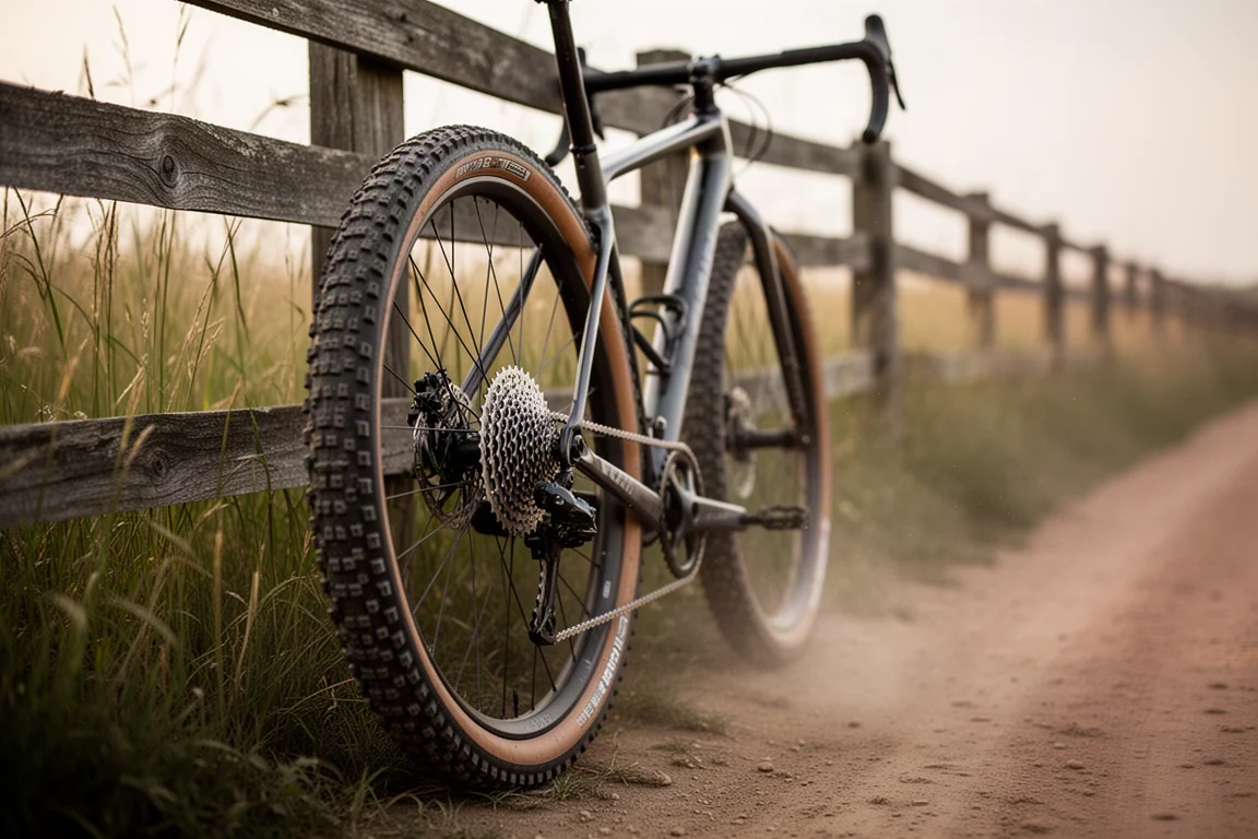 Vélo gravel appuyé sur un pneu à gros crampons, avec une cassette arrière à large plage visible