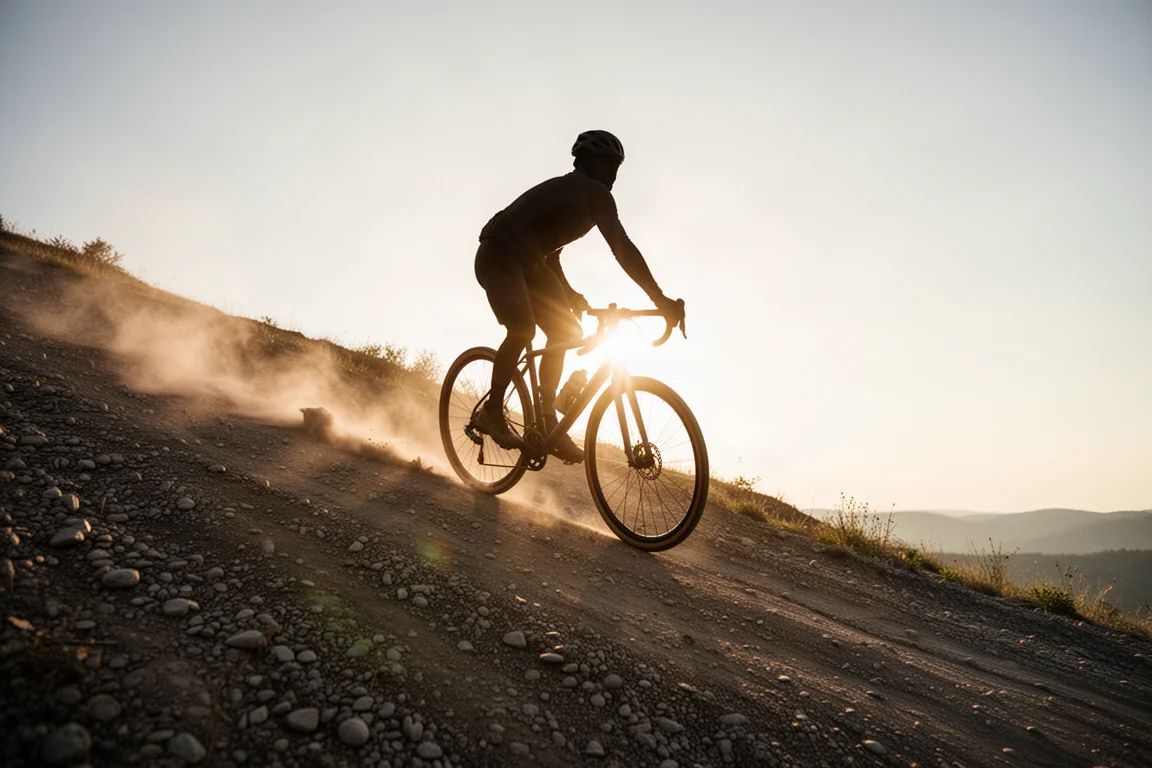 Cycliste en danseuse gravissant une pente gravel raide à l'heure dorée