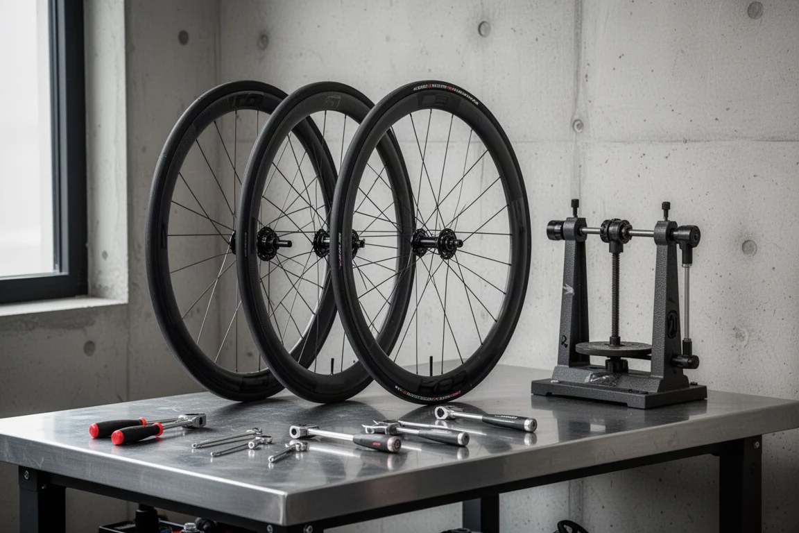 Roues de vélo de route et de gravel empilées dans un atelier à côté d'un banc de dévoilage