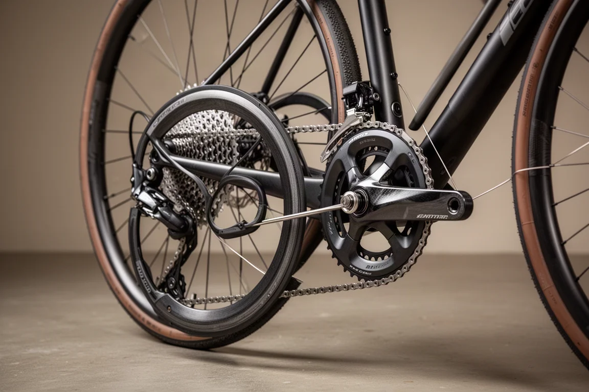Groot enkelvoudig kettingblad en compacte stalen cassette op de achternaaf van een gravelbike