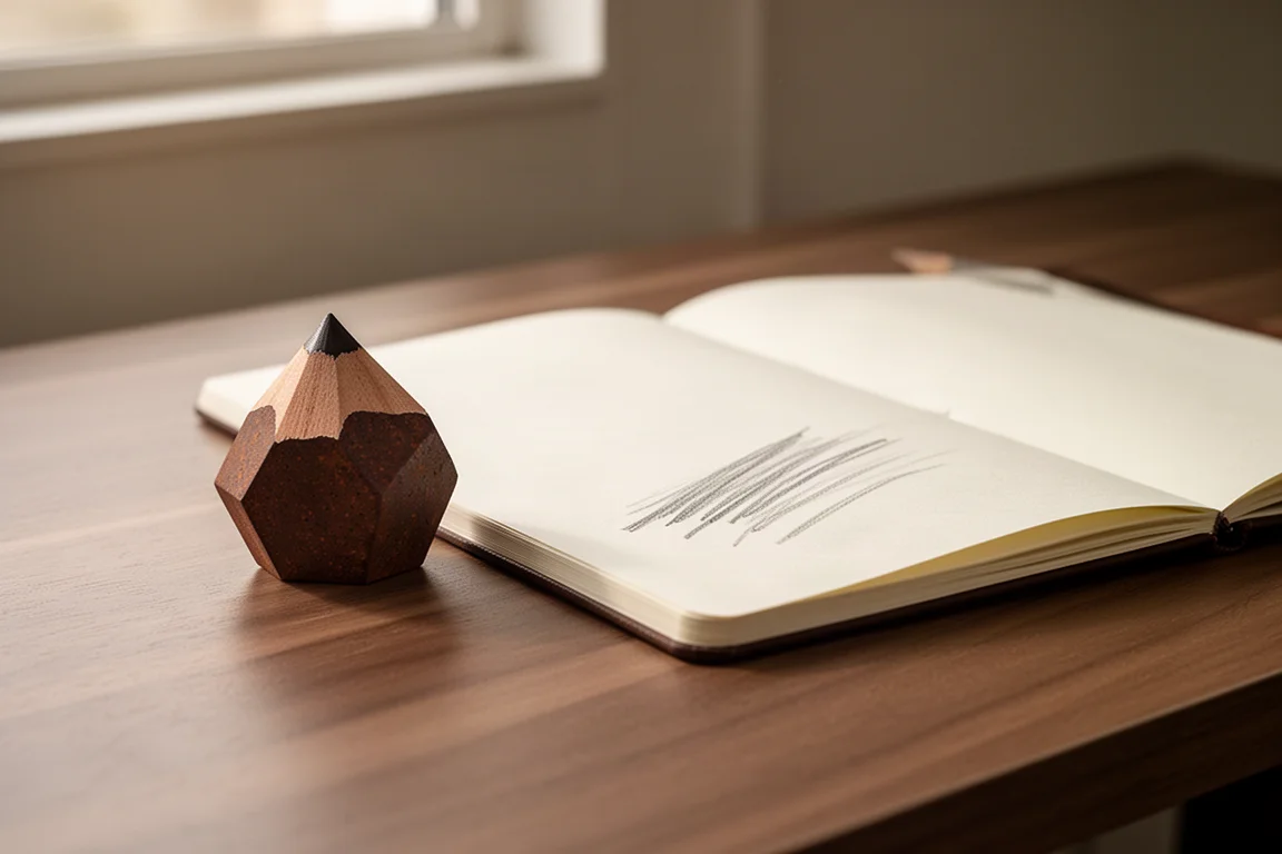 Un crayon et un carnet ouvert sur un bureau en bois sous une lumière chaude de fenêtre