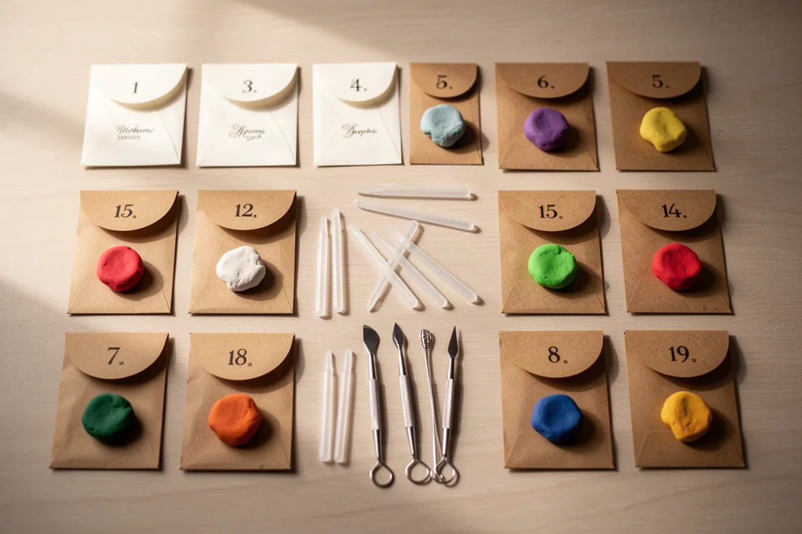 Small numbered advent calendar envelopes and clay bags laid out on a table
