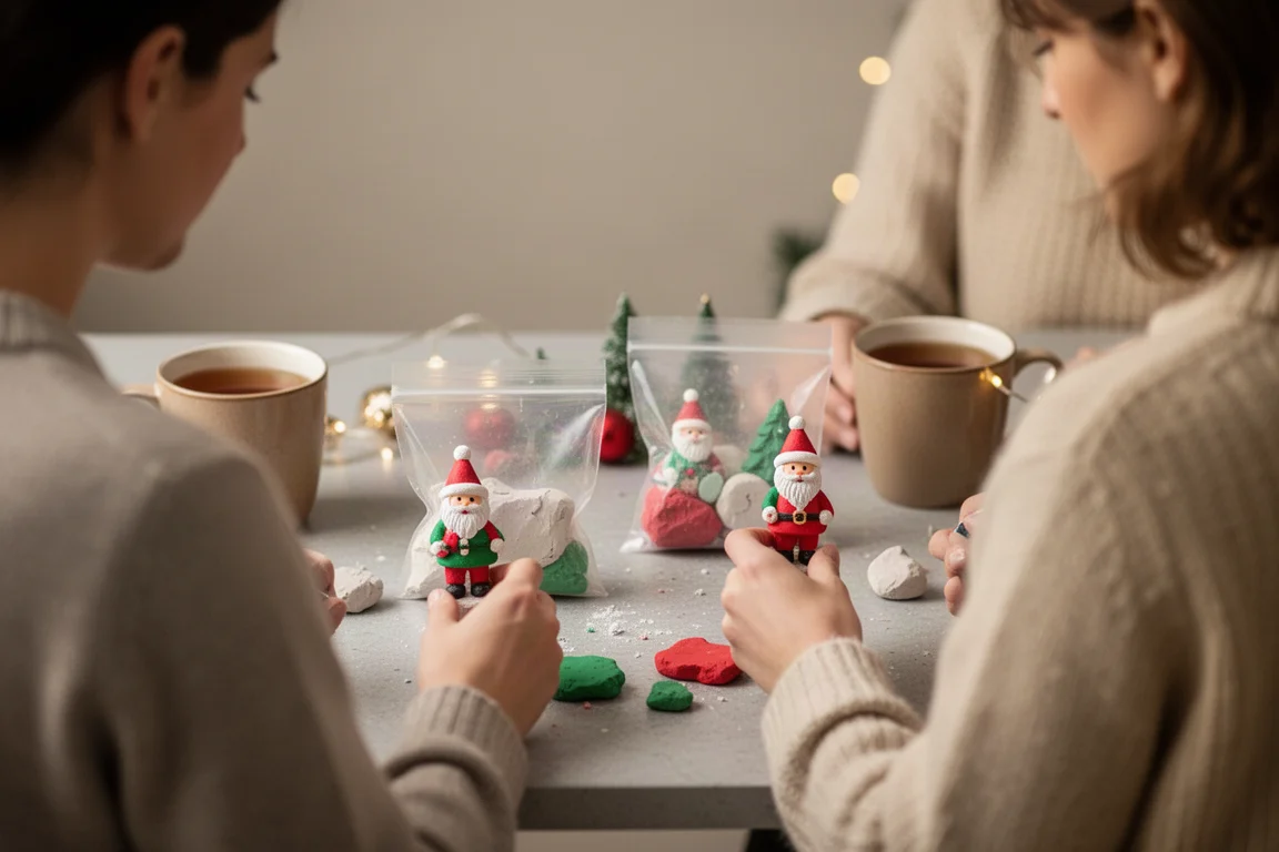 Two people crafting with clay together at a kitchen table