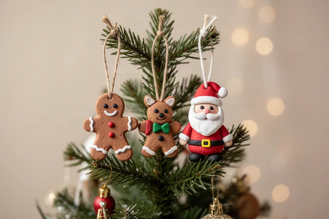 Finished clay ornaments hanging on a small holiday tree