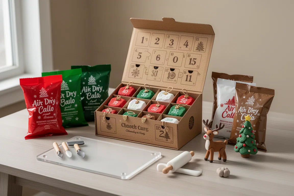 Otwarte pudełko advent calendar z gliną, narzędziami i gotowymi figureczkami na drewnianym stole