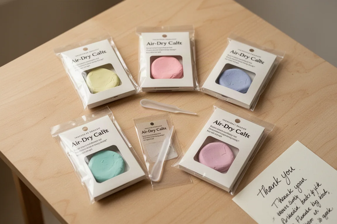 Kits créatifs déballés disposés sur une table avec des paquets de pâte colorée