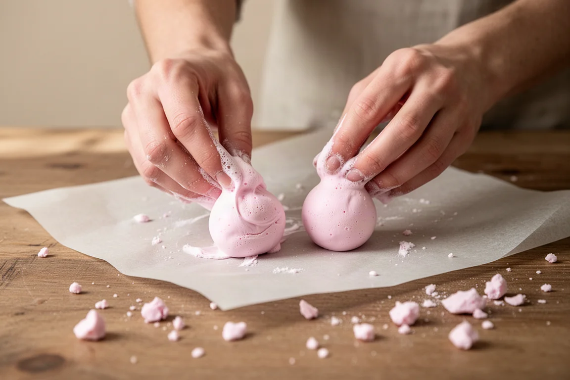 Mains malaxant la pâte mousse souple en petites boules sur du papier sulfurisé