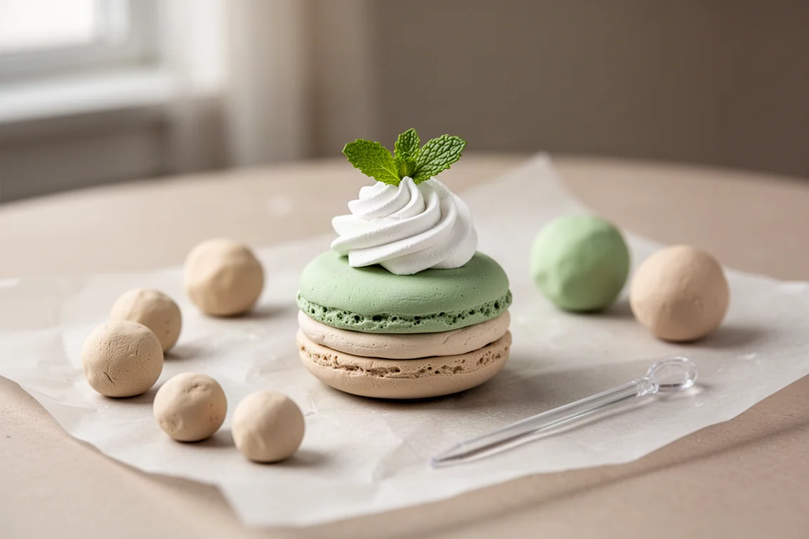Macaron en pâte terminé avec crème chantilly et feuille de menthe à côté de morceaux de pâte éparpillés