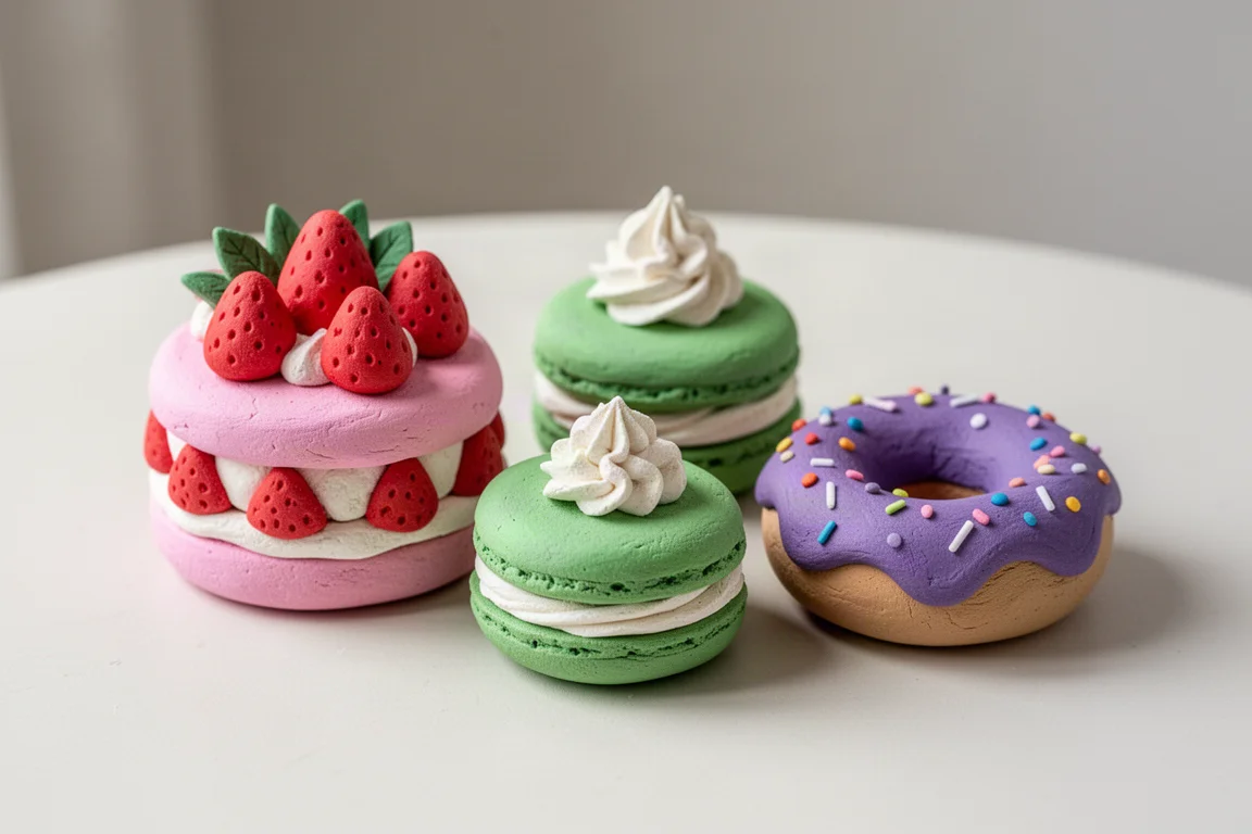Trois desserts en pâte terminés exposés ensemble sur une table lumineuse