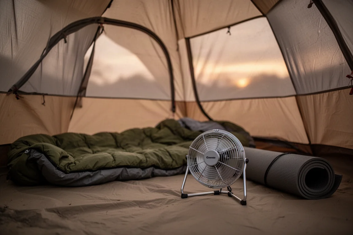 Portable camping fan running inside a dome tent at dusk with a sleeping bag nearby