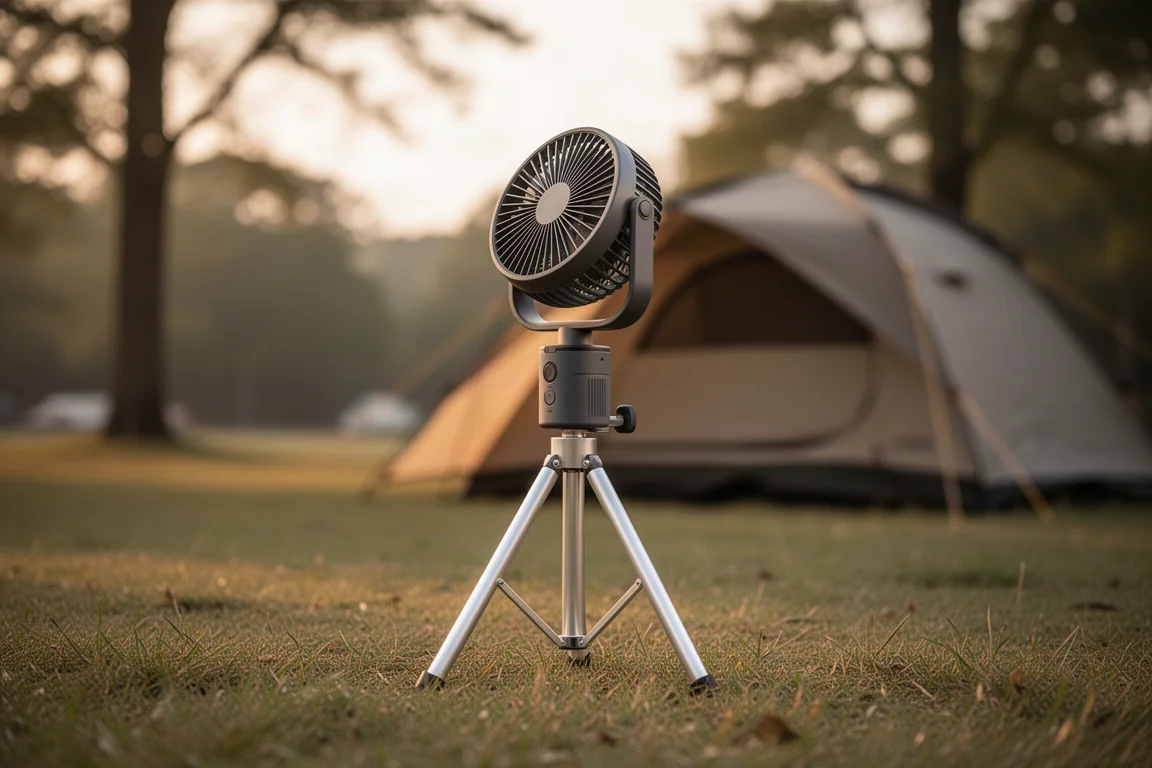 Camping fan mounted on a slim aluminium tripod in a grassy campsite at golden hour