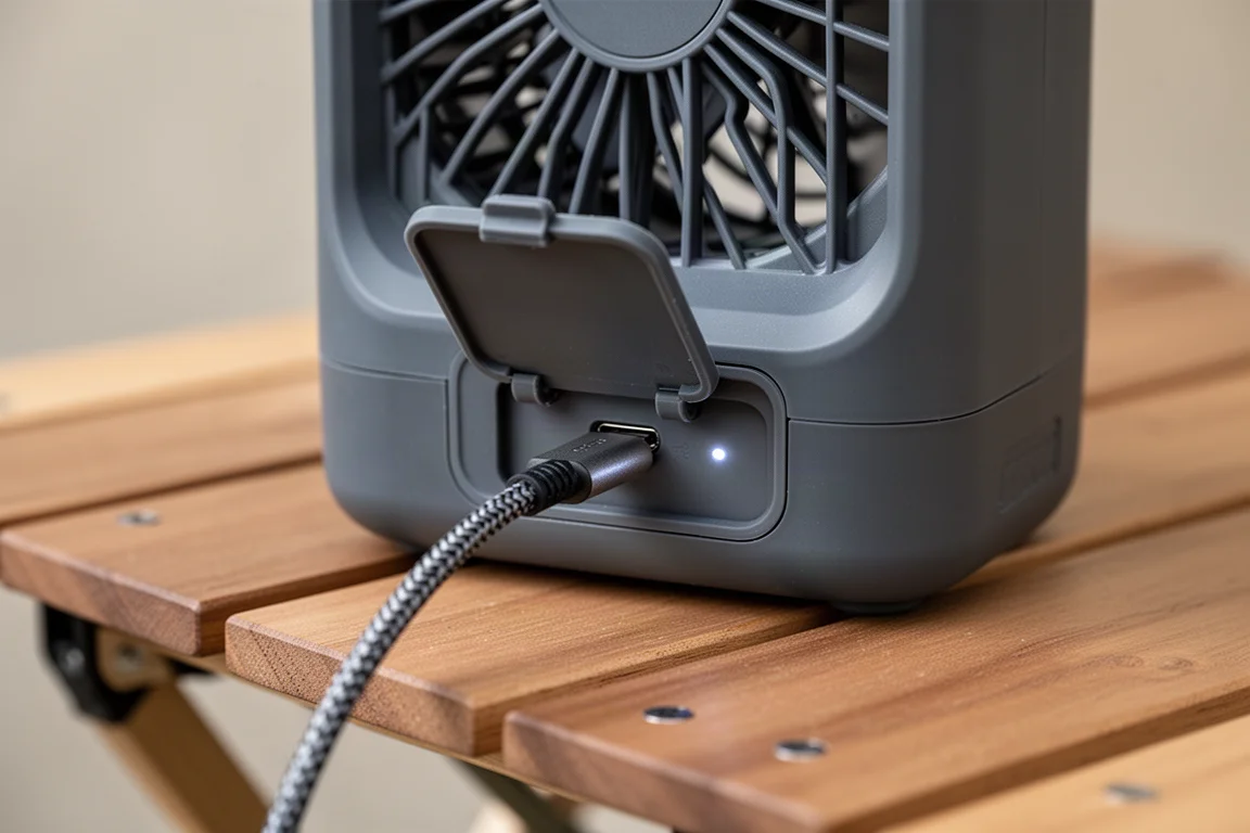 Close-up of a USB-C charging port on the back of a portable fan with cable connected