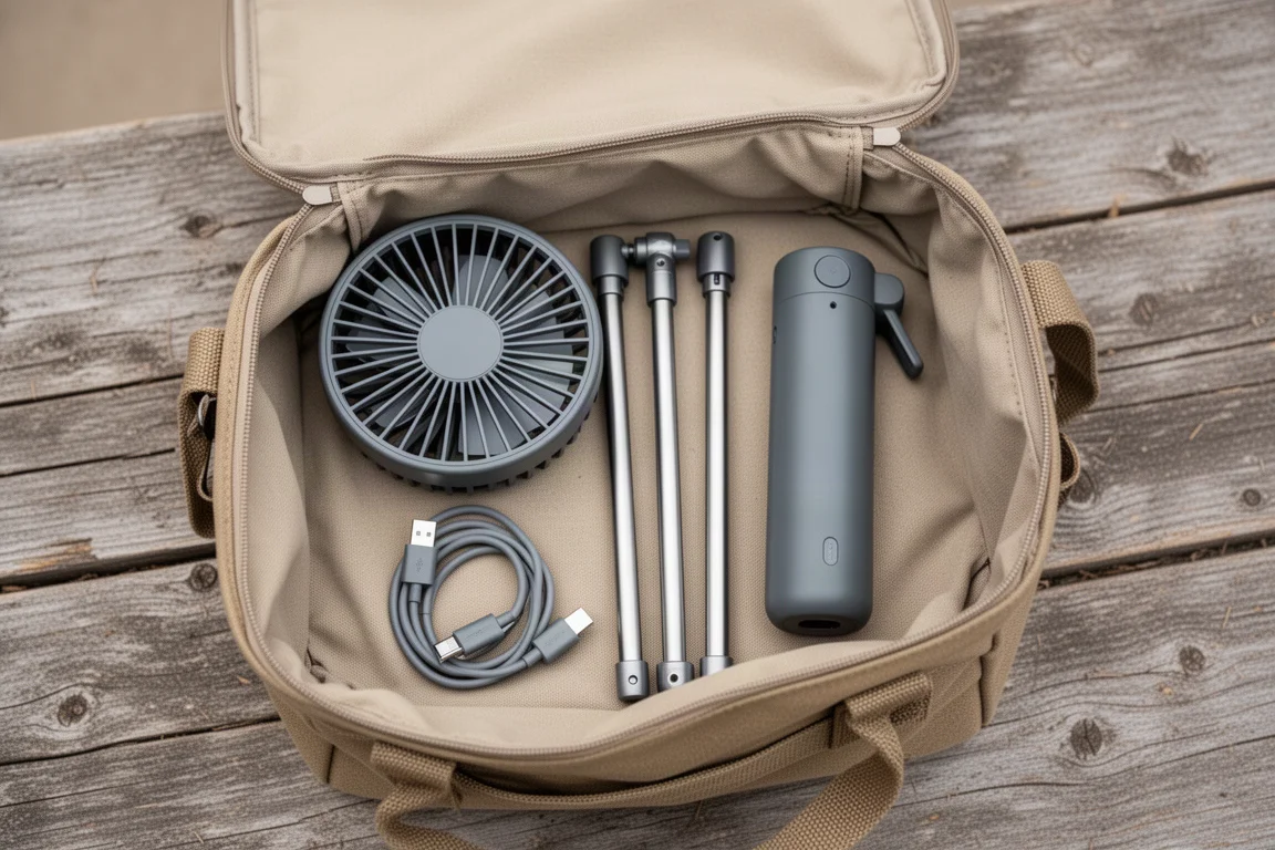 Disassembled camping fan head, metal legs, and coiled cable in an open canvas gear bin