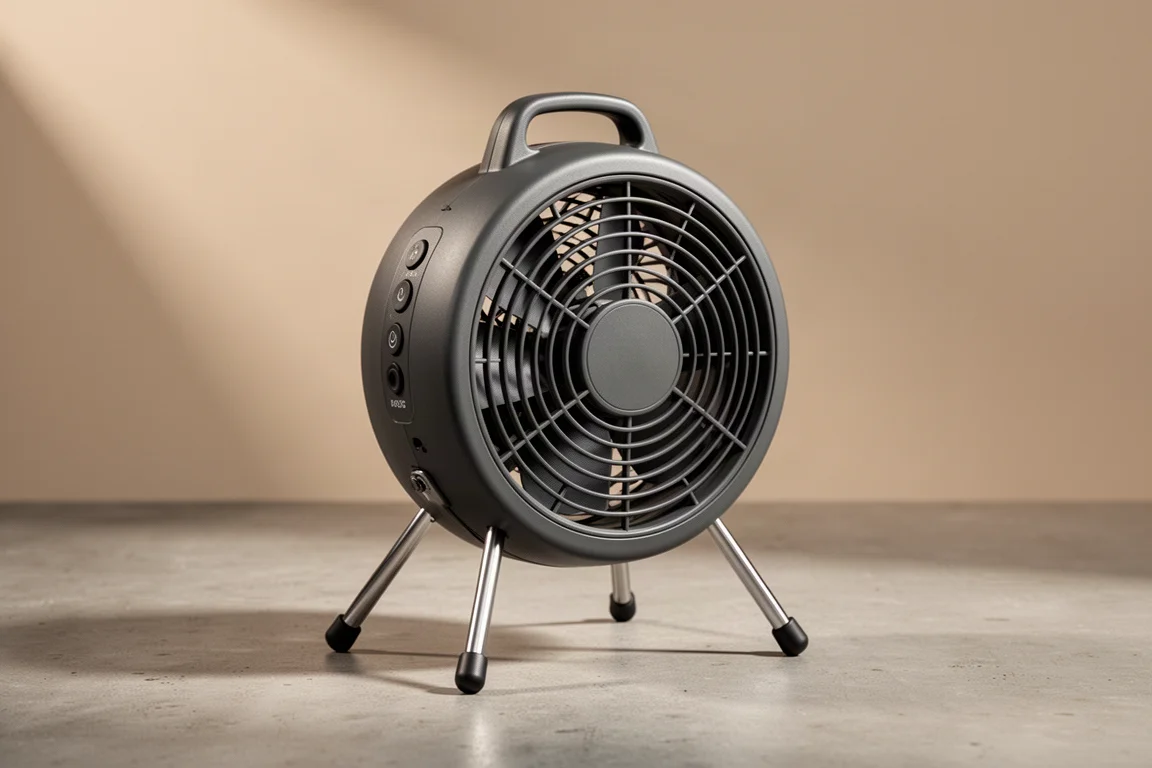 Portable camping fan with detachable metal legs and protective cage on a concrete surface