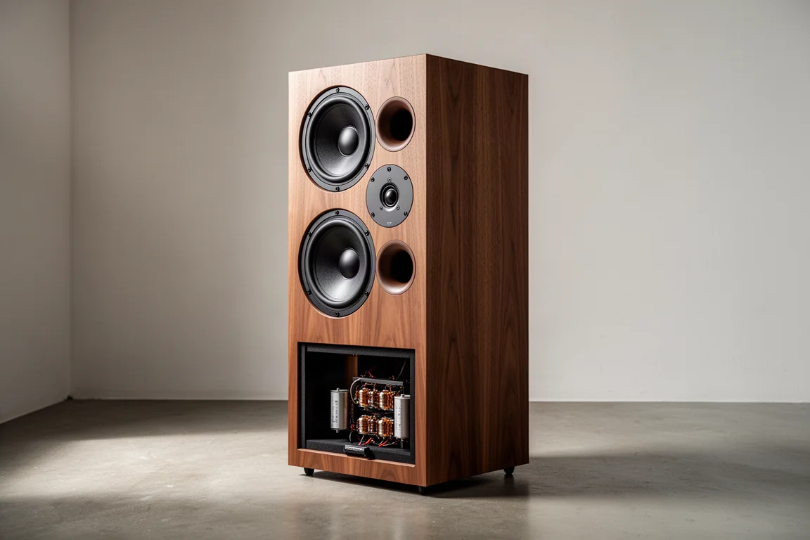 Open baffle hardwood loudspeaker with two large woofers in a minimal listening room