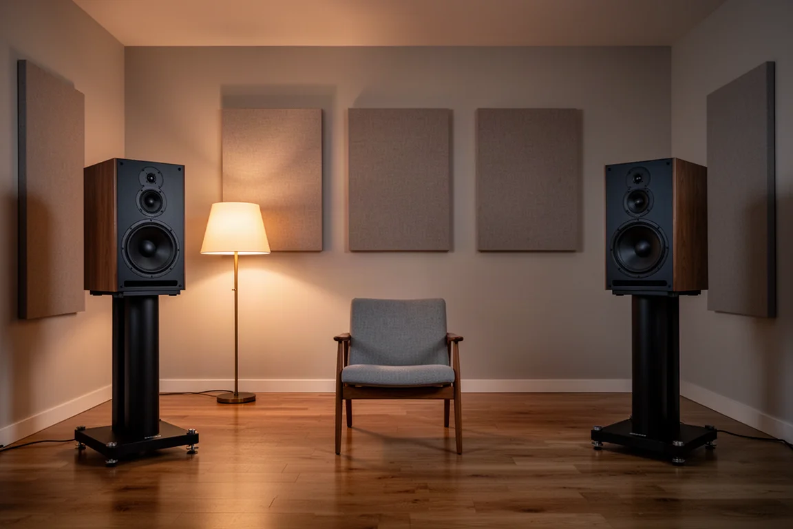 Pair of large stand-mount speakers on stands in a warm listening room at dusk