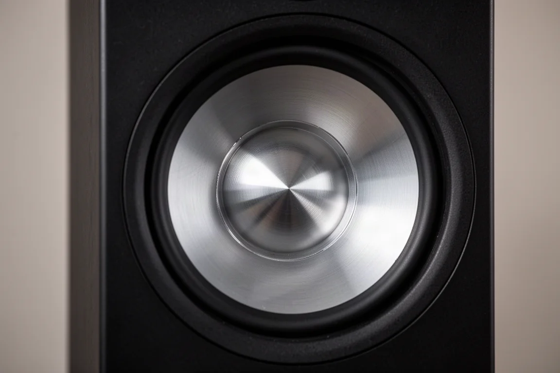 Close-up of an aluminium dome tweeter recessed in a waveguide on a black baffle