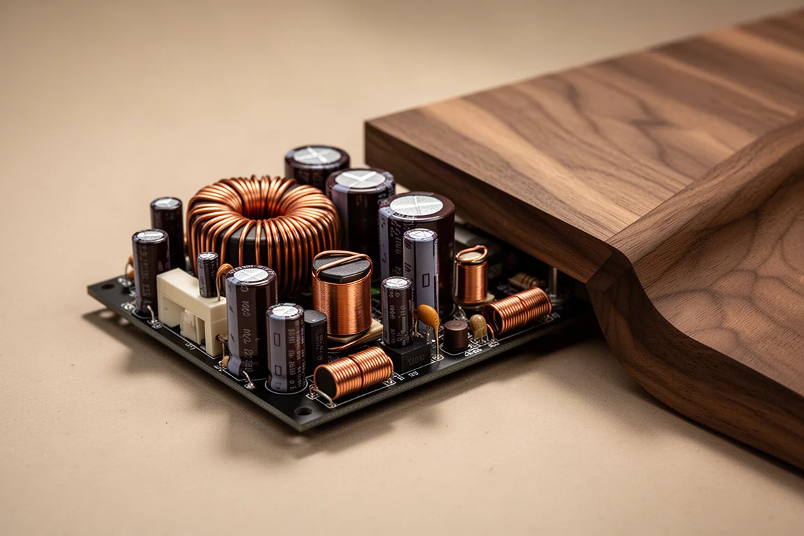 Speaker crossover board with air core inductors and capacitors on a workbench