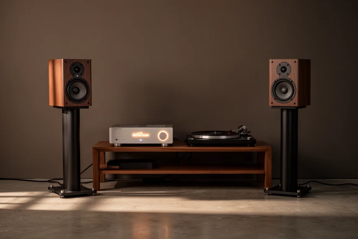 Evening hi-fi setup with stand-mount speakers, amplifier and turntable