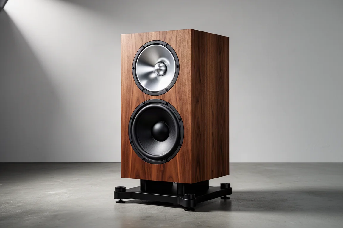 Large walnut stand-mount loudspeaker with aluminium dome tweeter on a concrete floor