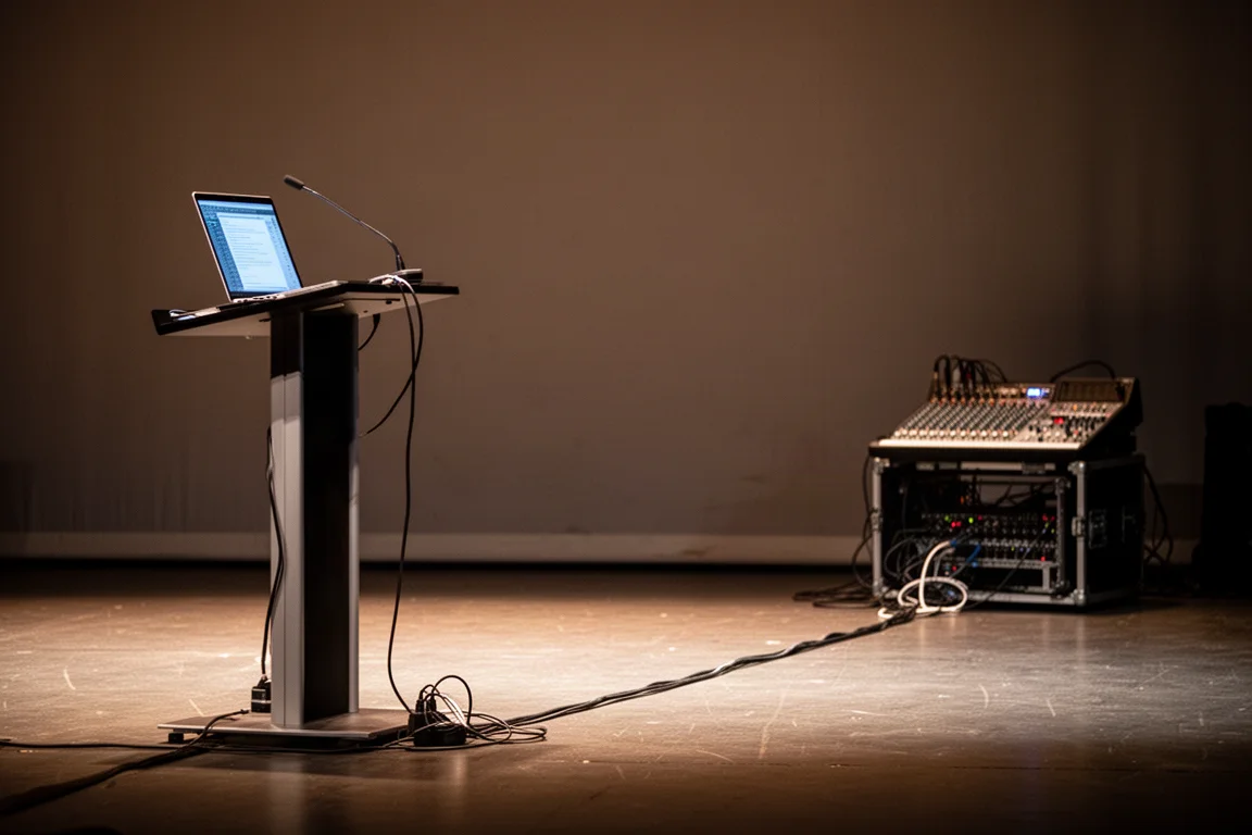 Side view of a dimly lit conference stage with a lectern laptop and a long cable run to a mixing console