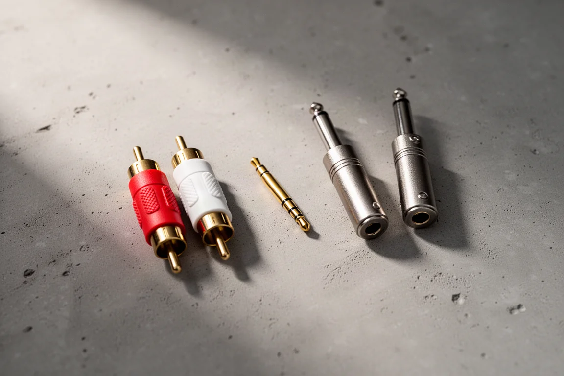Overhead flat lay of RCA plugs, a mini jack, and quarter-inch jacks on concrete