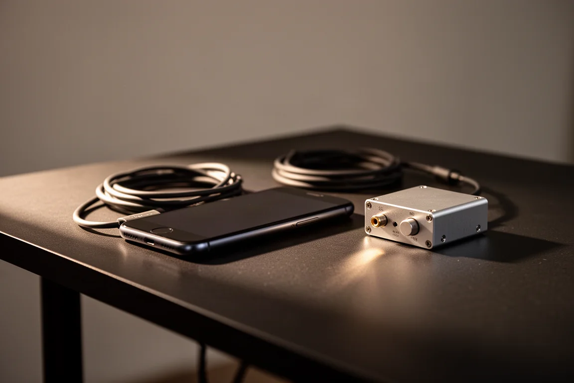 Smartphone resting on a dark stage table beside a coiled cable in dim light