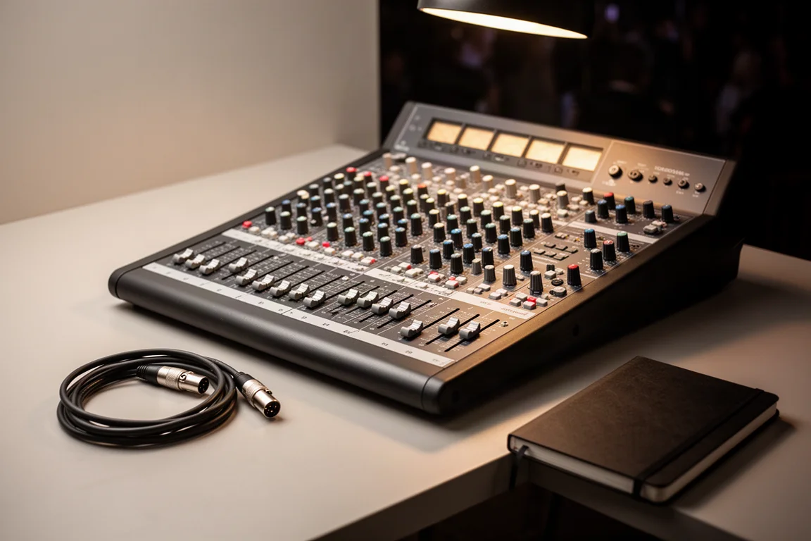 Front of house mixing console seen from above with faders lit by warm overhead light