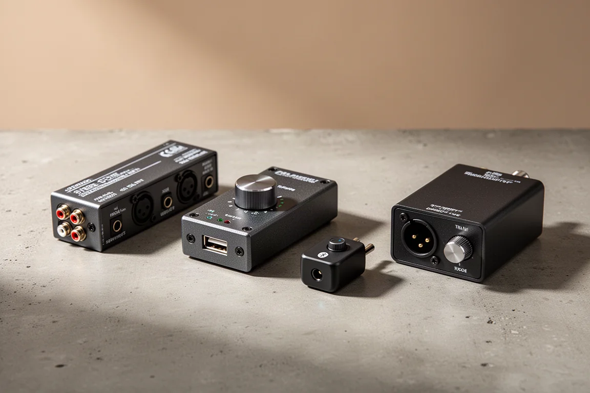 Four compact Radial audio devices arranged in a row on a concrete surface