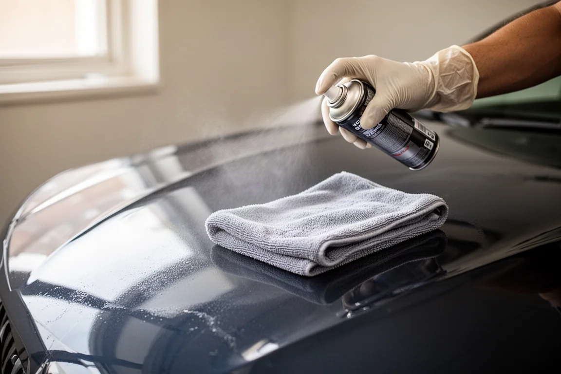 Hand applying ceramic spray sealant to a glossy car panel with a microfiber towel