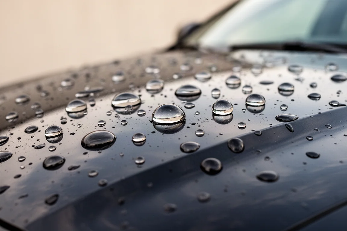 Water beading on a freshly sealed car hood with droplets rolling off