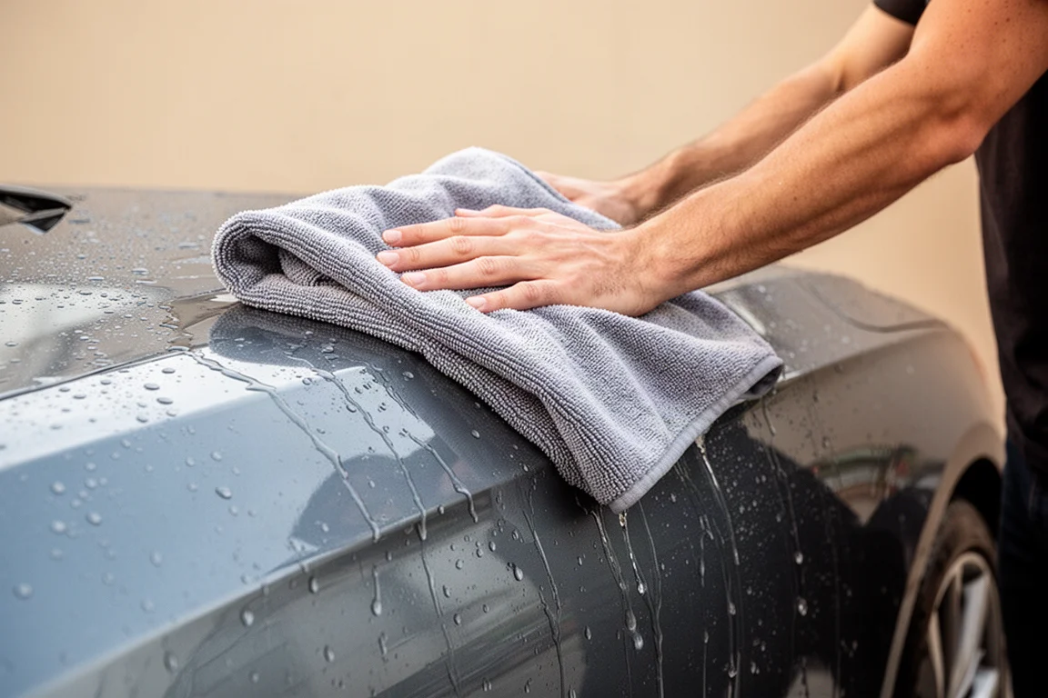 Car drying process with a microfiber towel gliding across a wet panel