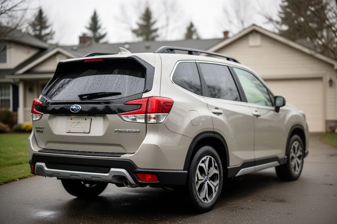 2021年Subaru Forester停在車道上,後車廂蓋上可見水珠