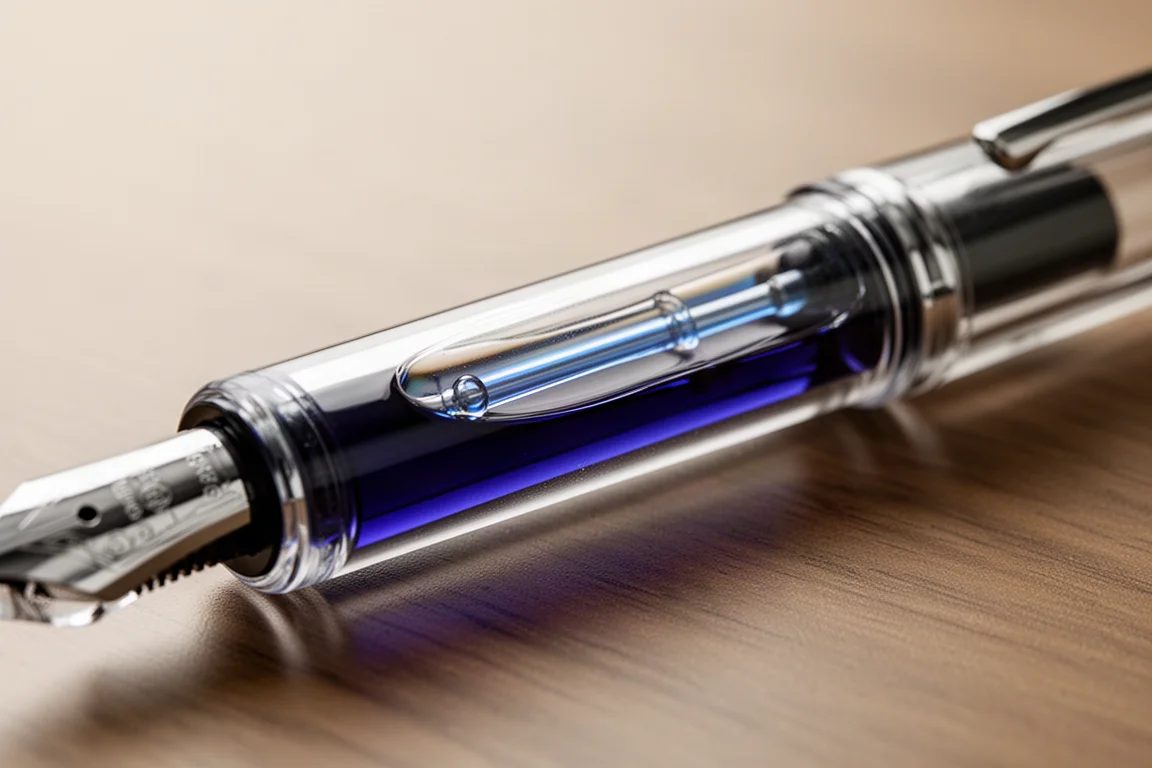 Nahaufnahme eines transparenten Füllhalter-Schafts mit blauer Tinte und einer Vakuumfüllstange