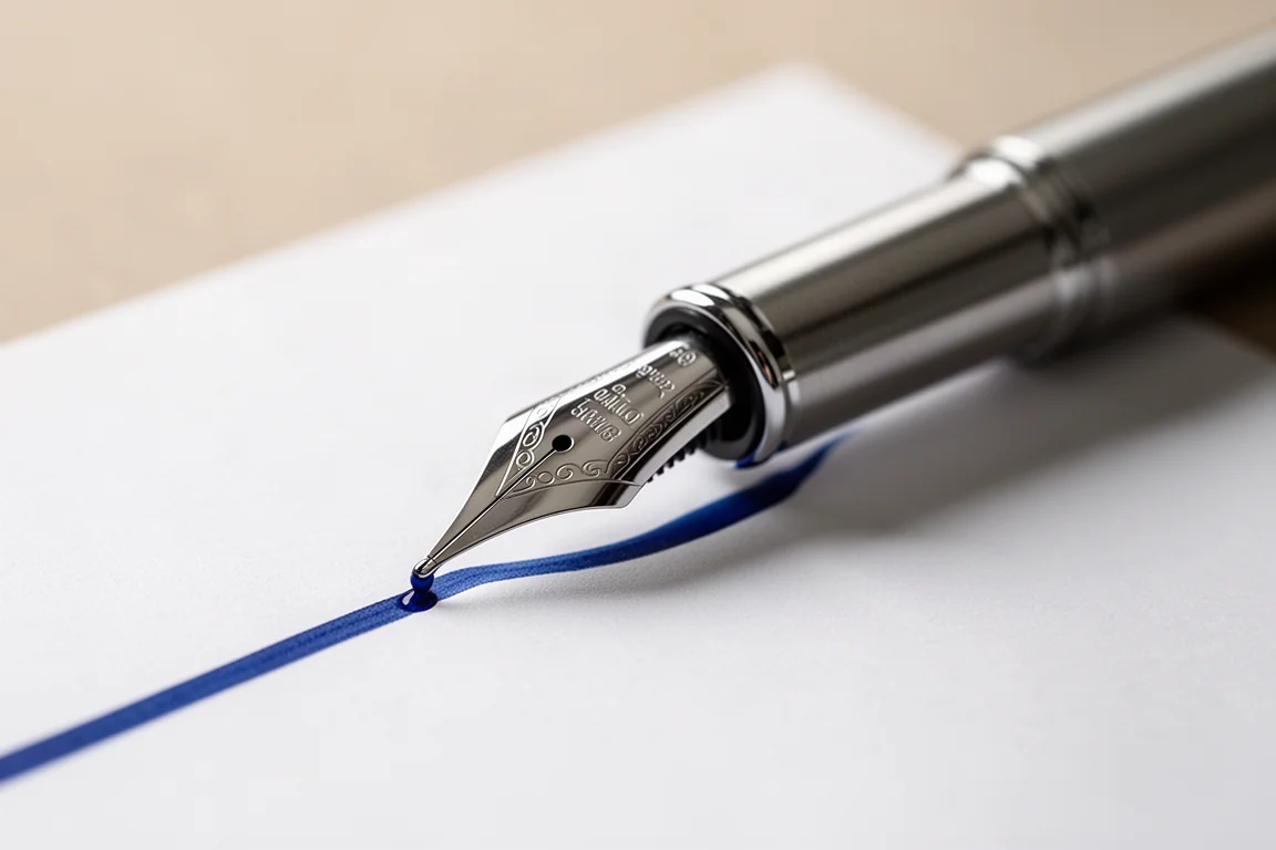 Füllhalterfeder schreibt eine Linie mit blauer Tinte auf weißem Papier