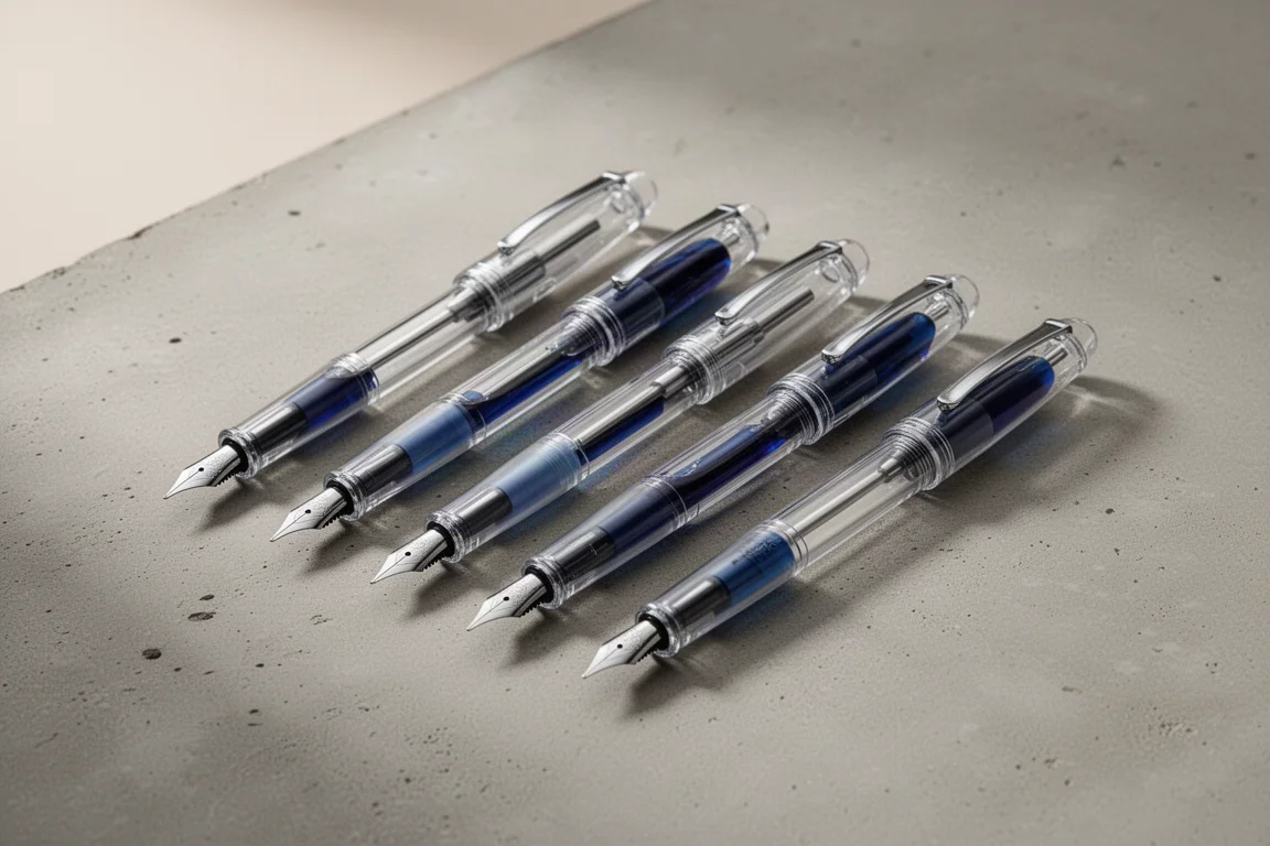 Five clear demonstrator fountain pens in a row with blue ink visible in the barrels