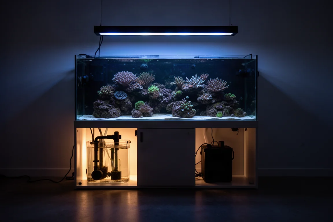 Revakvarium på natten upplyst av en sumpbelysning under karet