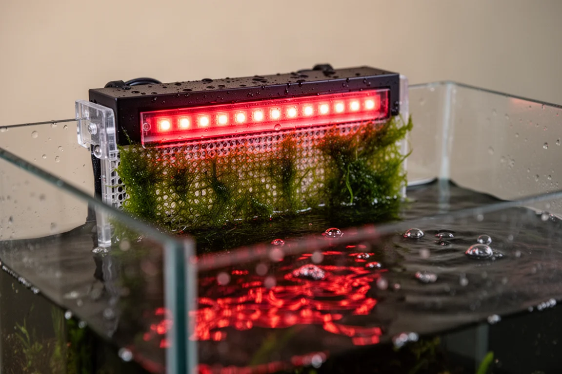 Panneau LED à spectre rouge éclairant un écran couvert d'algues à l'intérieur d'une décantation