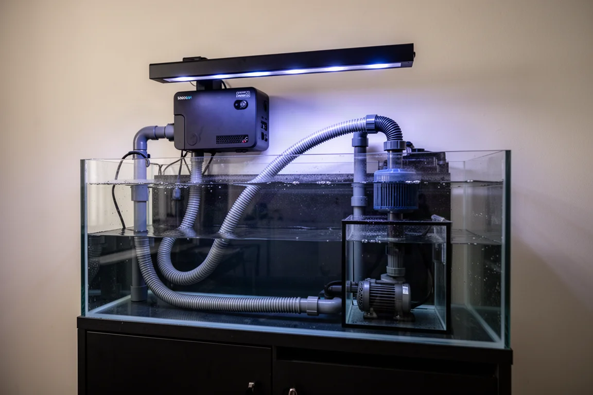 Unité de filtration compacte montée dans le meuble de décantation d'un aquarium récifal