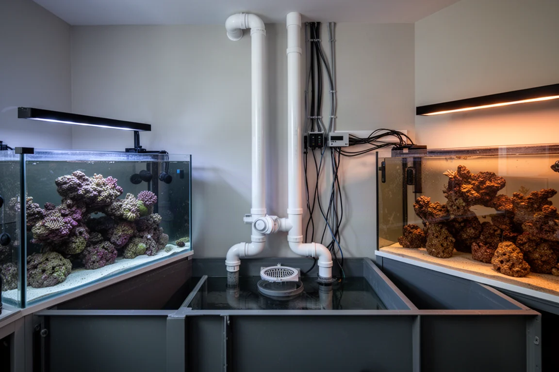 Tuyauterie PVC partant d'une vidange de traversée vers une grande décantation d'aquarium