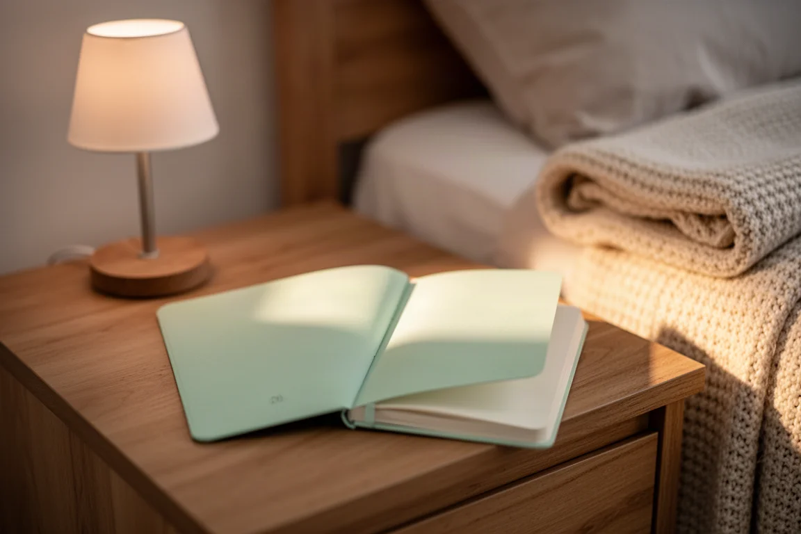 Diario aperto su un comodino nella luce soffusa della sera