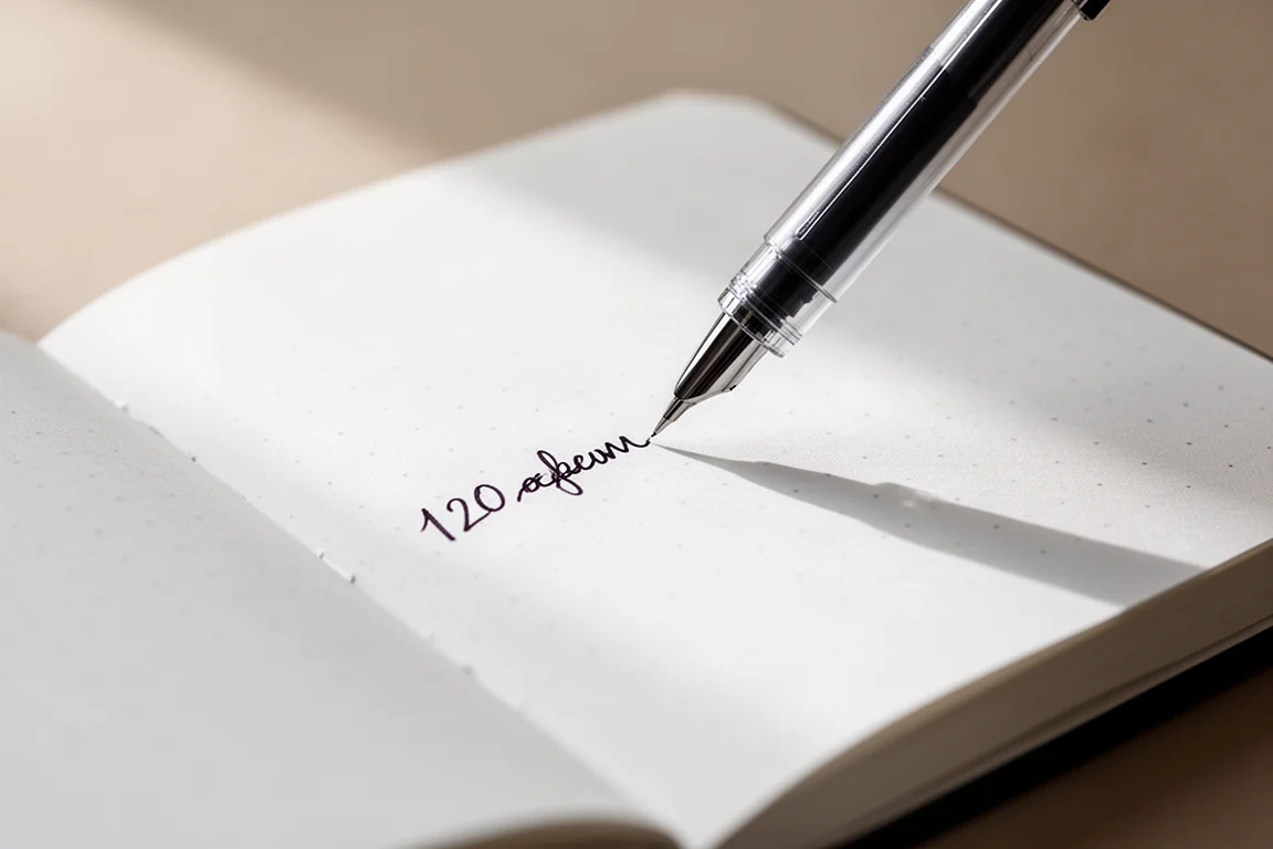 Primo piano di una penna che scrive sulla carta bianca brillante e spessa di un diario