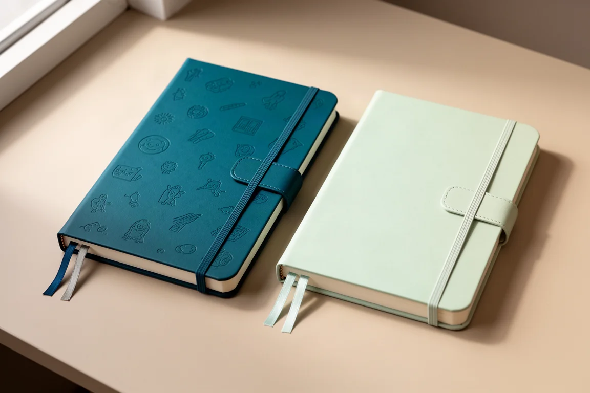 兩本 A5 精裝手帳,一深藍綠色一淡薄荷色,並排放在書桌上