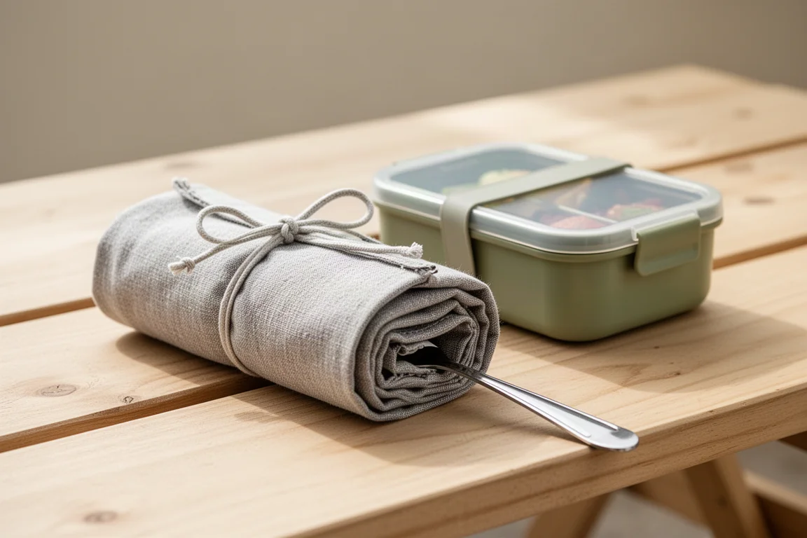 Oprolbaar stoffen etui dat metalen bestek vasthoudt op een picknicktafel