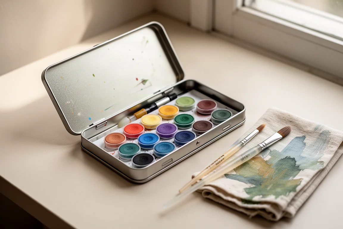 Metalen etui met aquarelverven met een penseel en doek ernaast