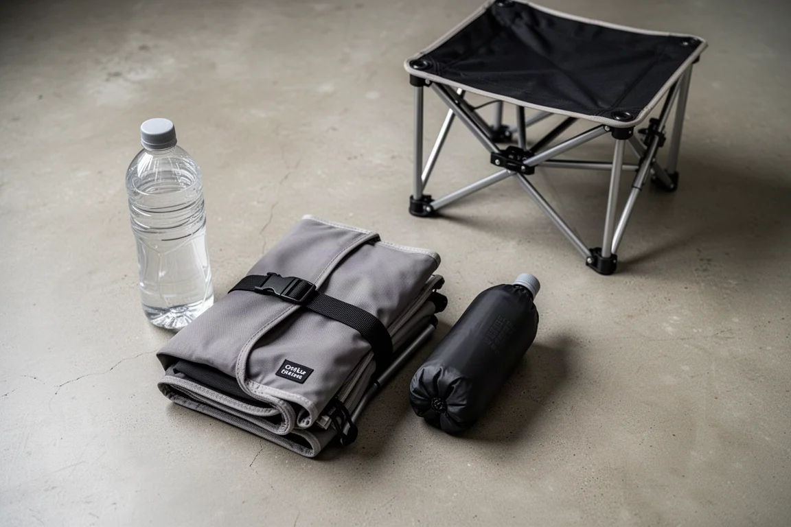 Kompakt zusammengefalteter Stuhl in einem vollgepackten Kofferraum mit Campingausrüstung