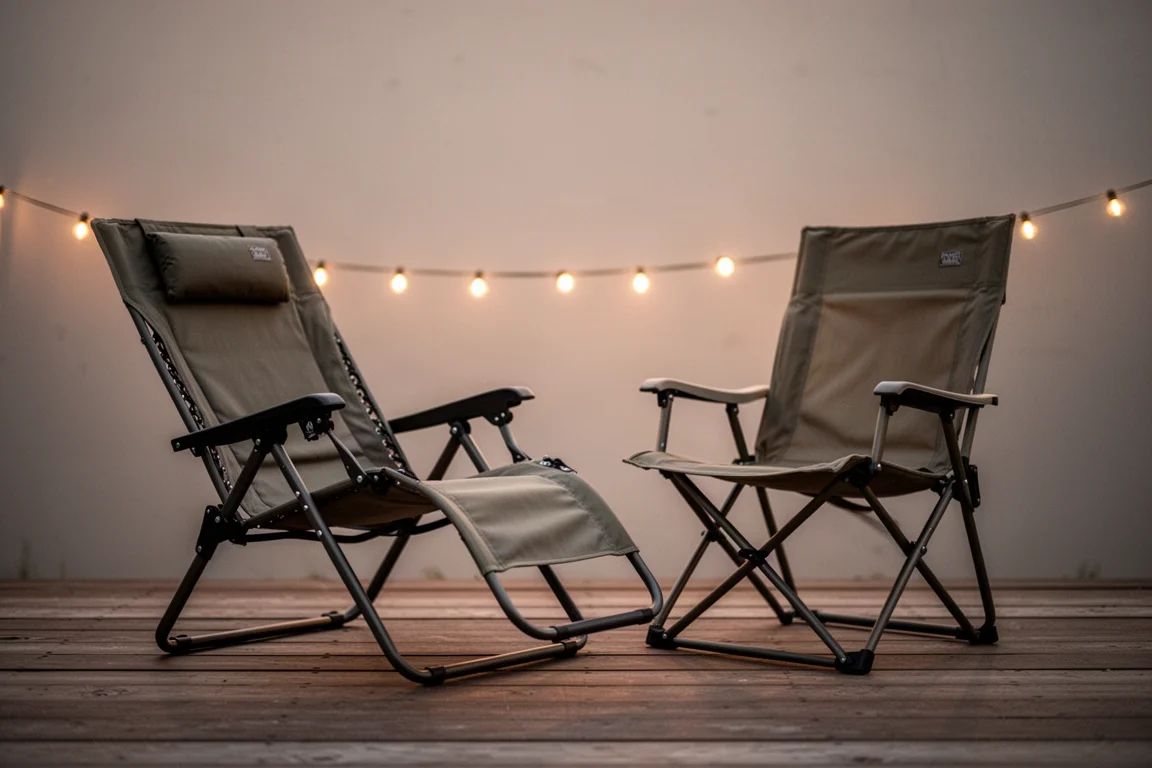 Zwei Campingstühle neben einem kleinen Zelt in der Dämmerung mit leuchtender Laterne