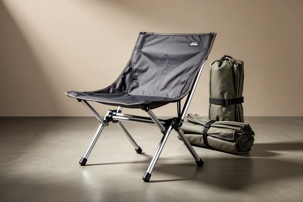 Compact folding camp chair with aluminium legs and dark nylon seat on concrete