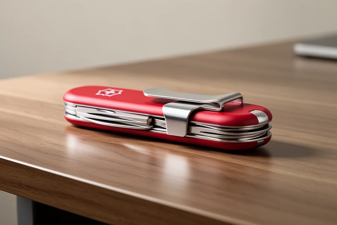 Swiss Army Messer auf einem Schreibtisch mit angebrachtem Pocket Clip