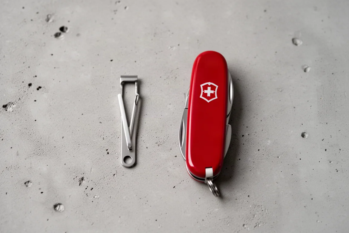 Abgenommener Pocket Clip neben einem Swiss Army Messer auf neutraler Oberfläche